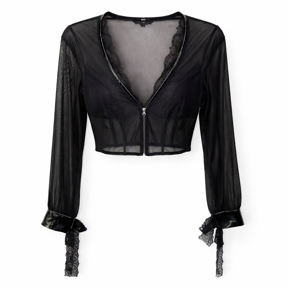 Patrice‎ Catanzaro Black Mesh Lace Zip Front Crop Top French Fetish Goth Large